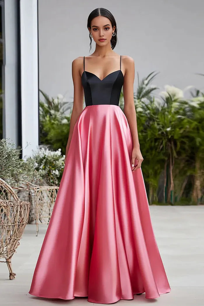 Robe Weitese noire rose à bretelles spaghetti, robe trapèze en satin, robe de bal sans manches, robe de soirée longue au sol